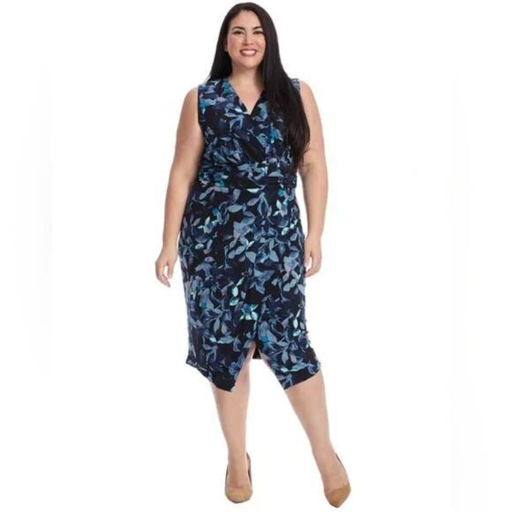 RACHEL Rachel Roy‎ Sleeveless Printed Matte Jersey Dress in Teal Berry Bush, 2X